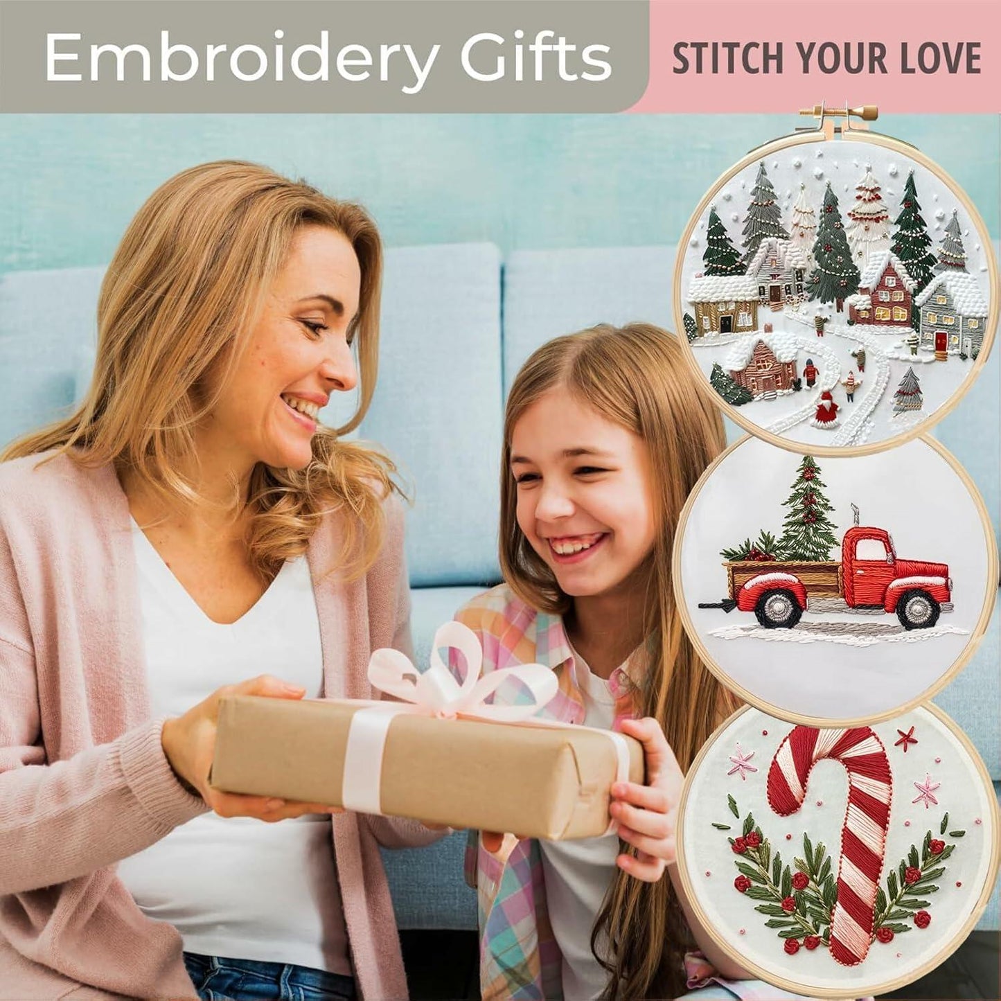 OVLADA Christmas Embroidery Kit DIY Adults&Kids Starter Stamped Pattern White A