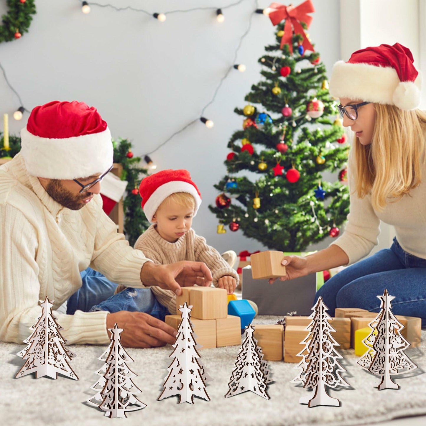 MoDooris 24Pcs White Wooden Christmas Tree Tabletop Decor Rustic Xmas