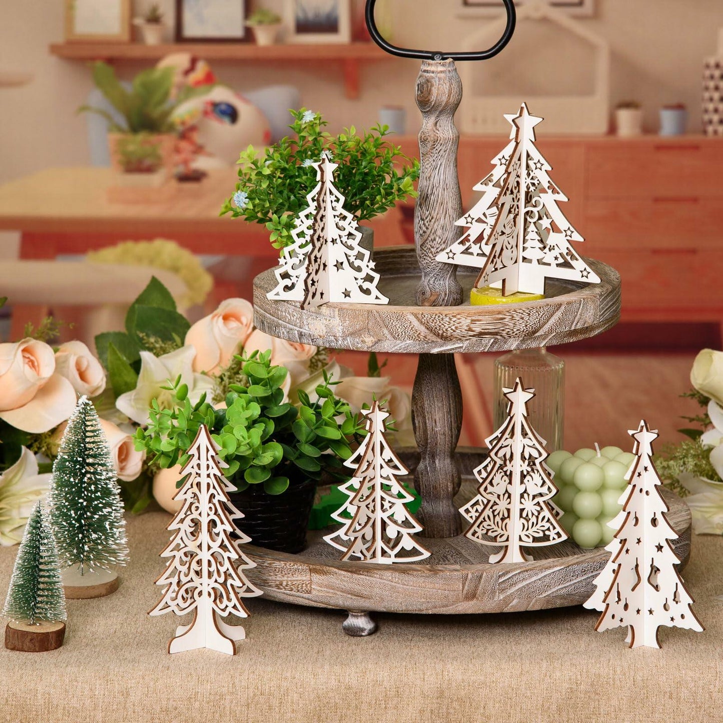 MoDooris 24Pcs White Wooden Christmas Tree Tabletop Decor Rustic Xmas
