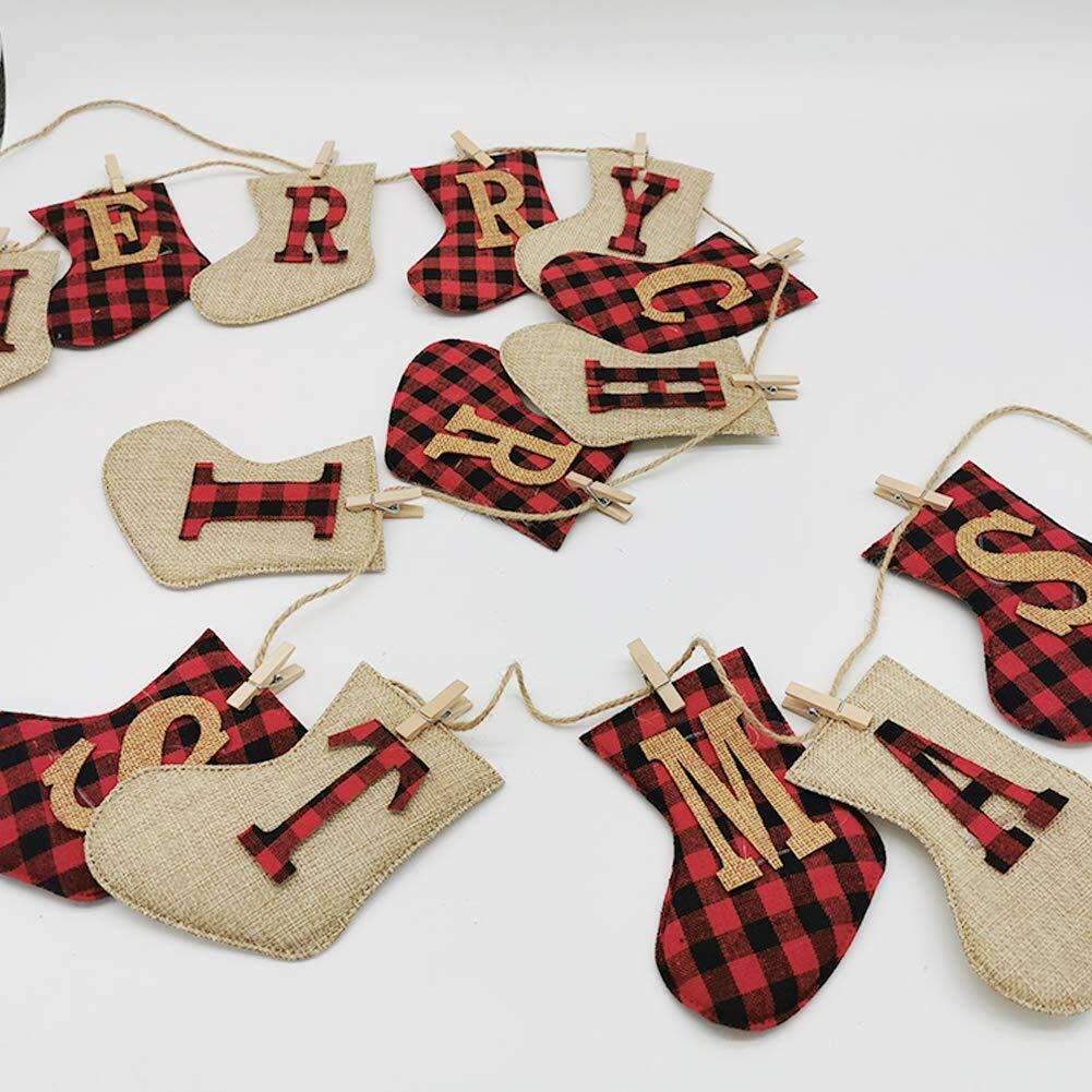 KINNJAS Merry Christmas Burlap Sock Banner 28 Piece Cotton Decoration