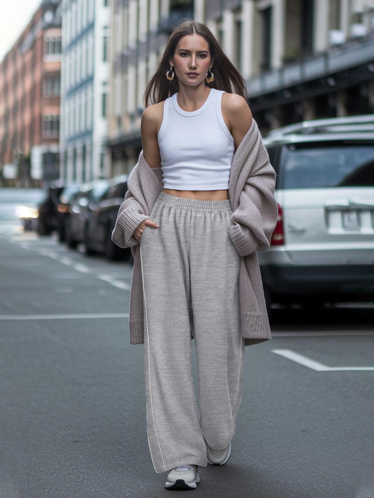 NIMIN Women's Wide Leg Sweatpants High Waist Cotton Light Grey Size S