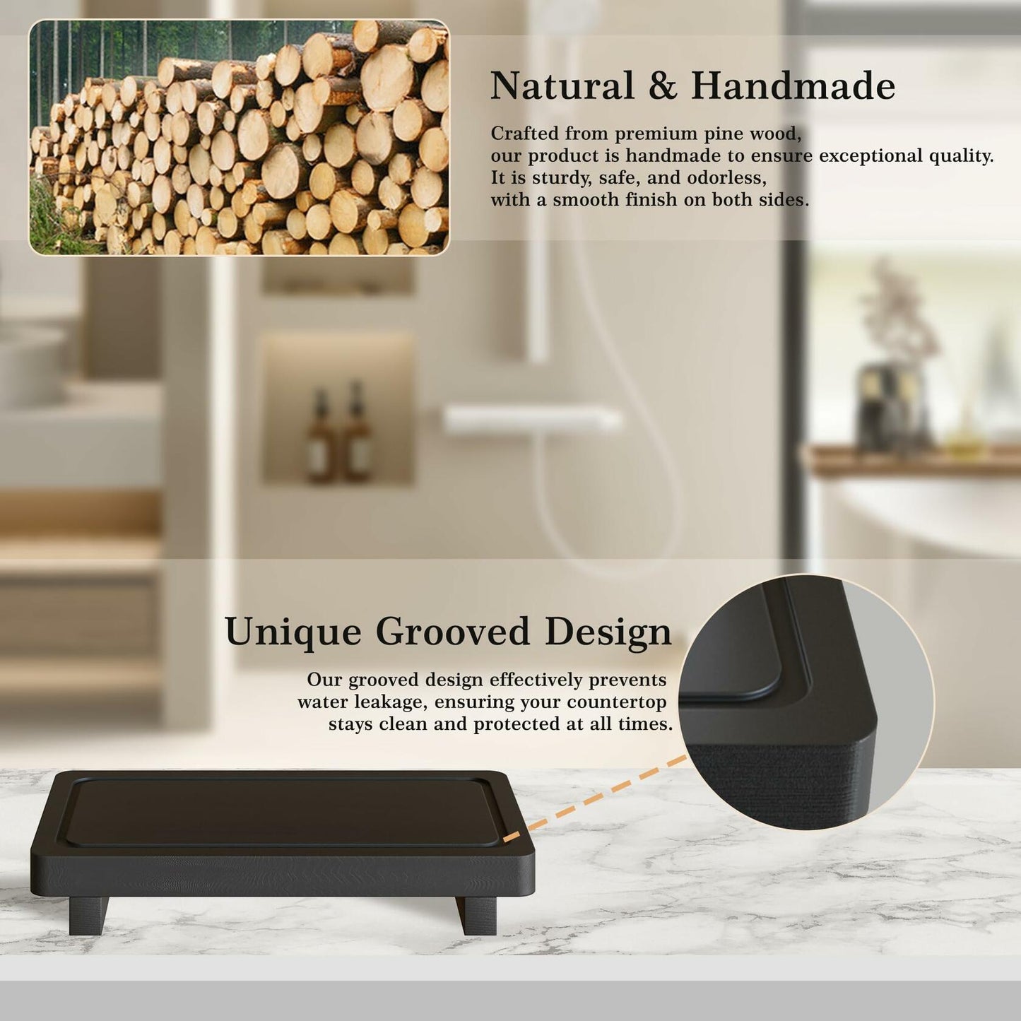 ZGO Small Counter Set of 2 Decorative Vanity Tray Wooden Soap Holder Black