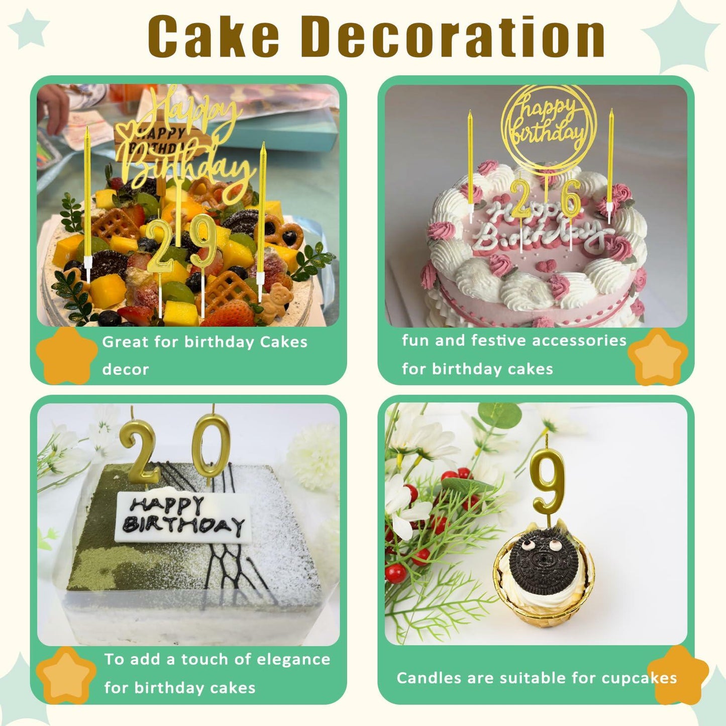 Chanseen 25Pcs Gold Birthday Candle Set Number 0-9 Metallic Long Thin