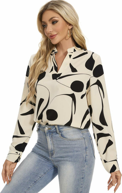 VIPONES Women V Neck Puff Sleeve Floral Blouse Lightweight 530-White Size M