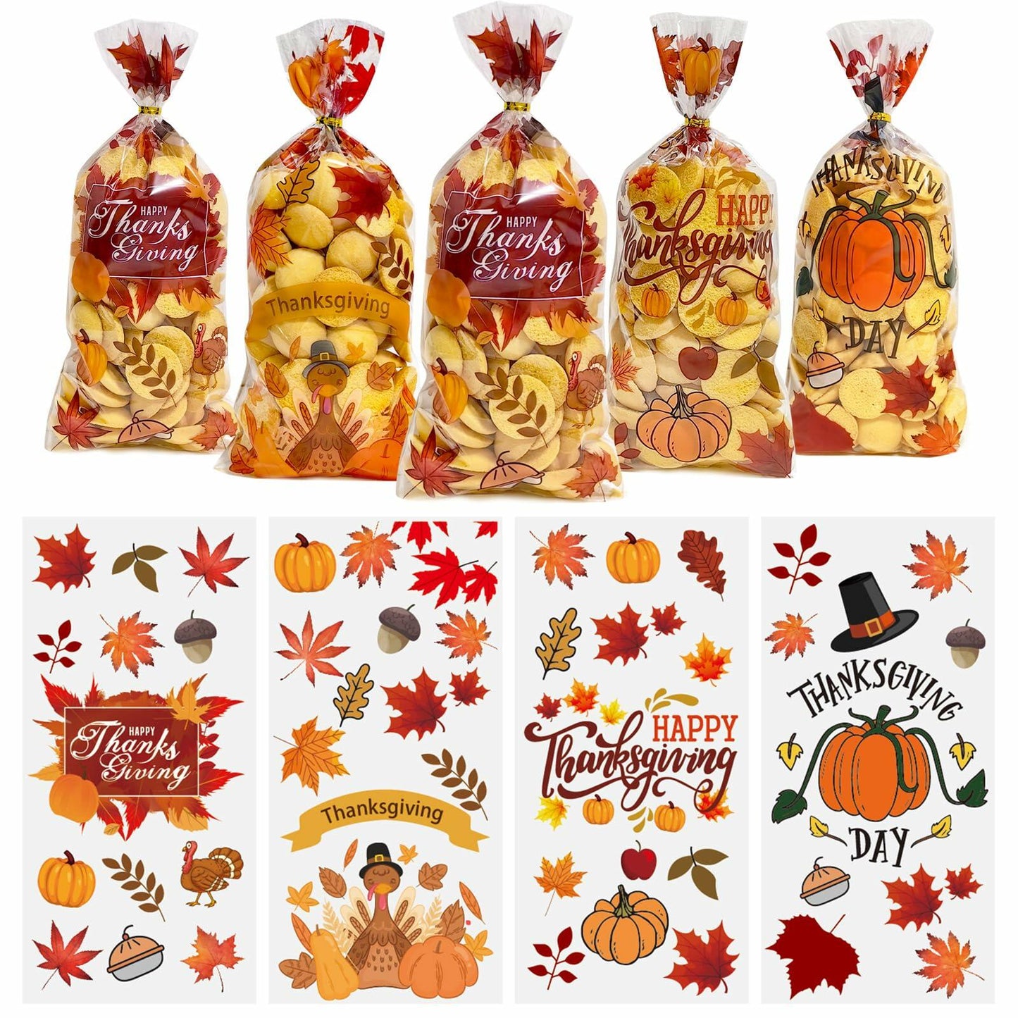 QOIUSO 100PCS Thanksgiving Treat Bags with 110 Twist Ties Pumpkin Leaf