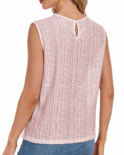 AGWISH Women’s Sleeveless Ruffle Lace Blouse Semi Sheer Floral Light Pink XL