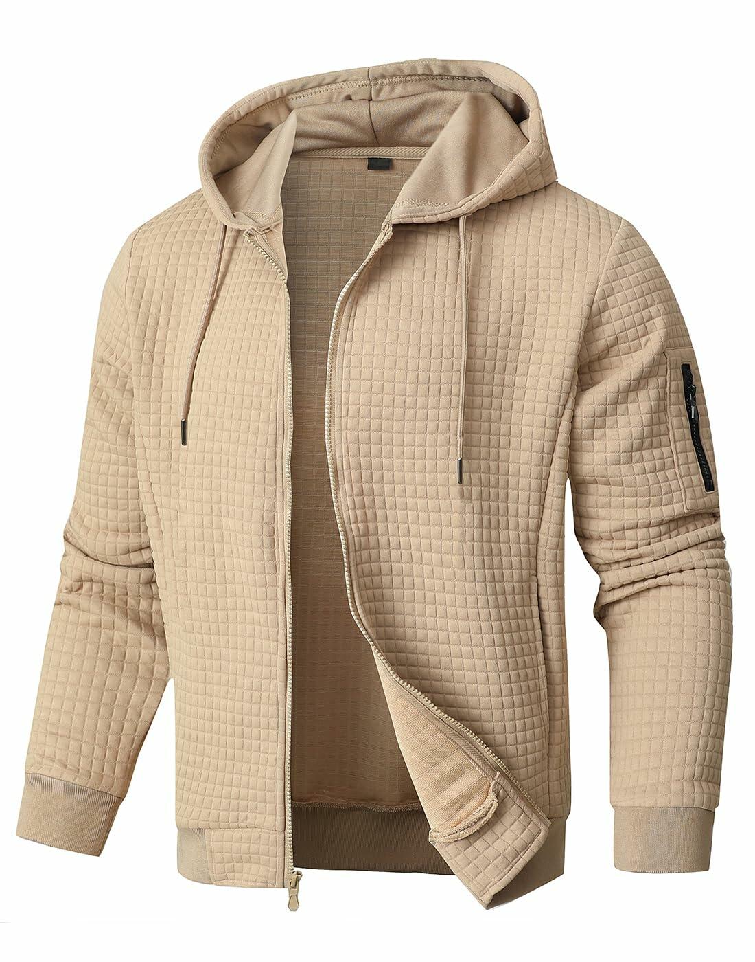 SAVKOOV Mens Lightweight Hoodie Full Zip Sweatshirt Casual Jacket Coat Khaki