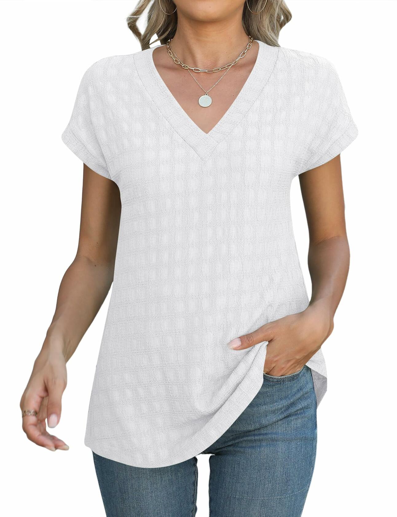 Micoson Women’s V Neck T-Shirt Short Sleeve Loose Fit Casual Top White L