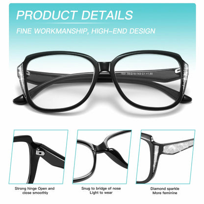 Yiwaeye Oprah Style Oversized Reading Glasses +1.5 with Chain Black/Tortoise