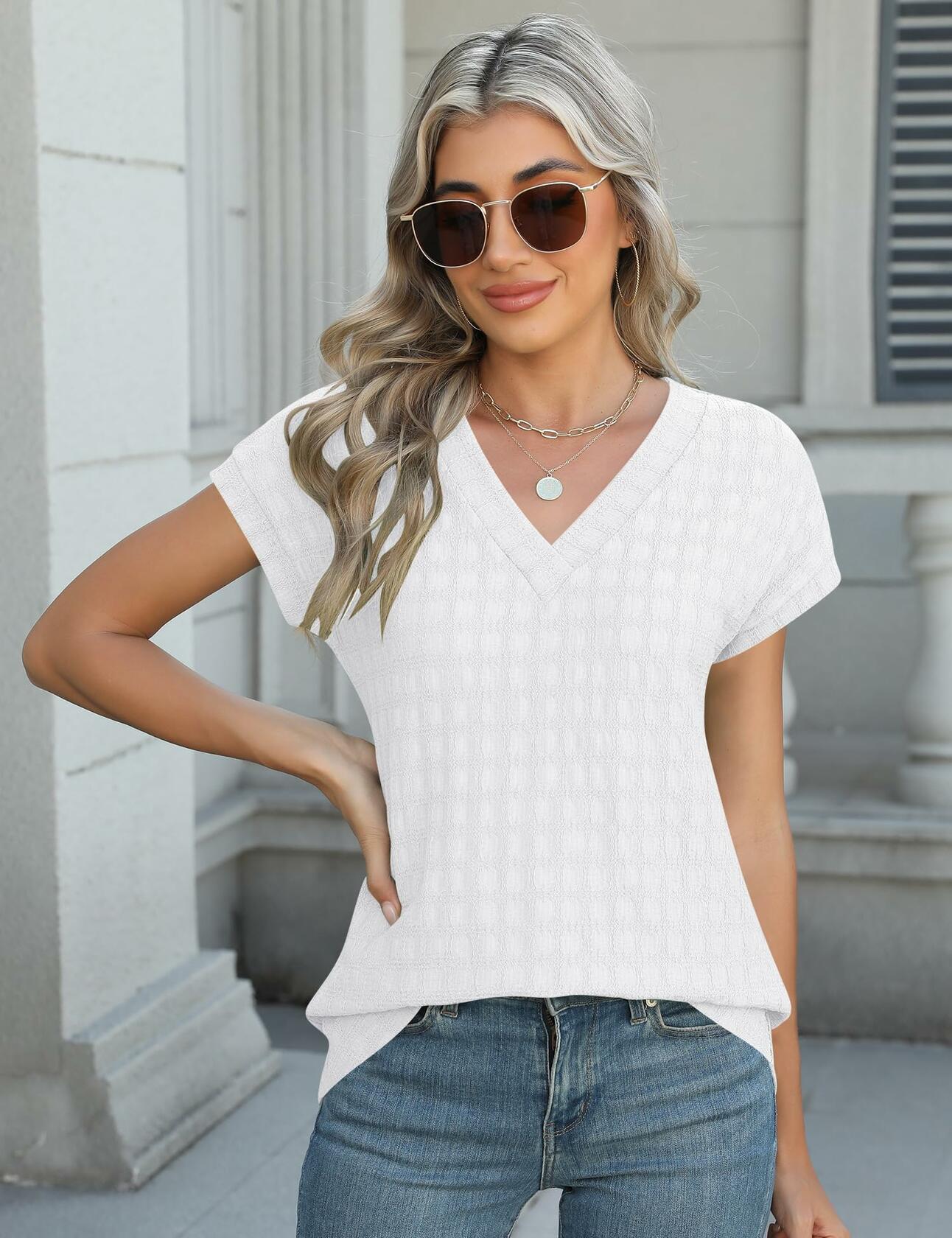 Micoson Women’s V Neck T-Shirt Short Sleeve Loose Fit Casual Top White L