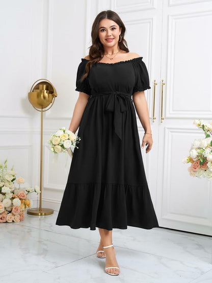 SCOMCHIC Plus Size Off Shoulder Puff Sleeve Maxi Dress Belt Black Size 3X