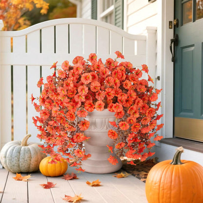 HyeFlora Fake Mums Artificial Fall Hanging Flowers 2 PCS Orange Brown Leaves