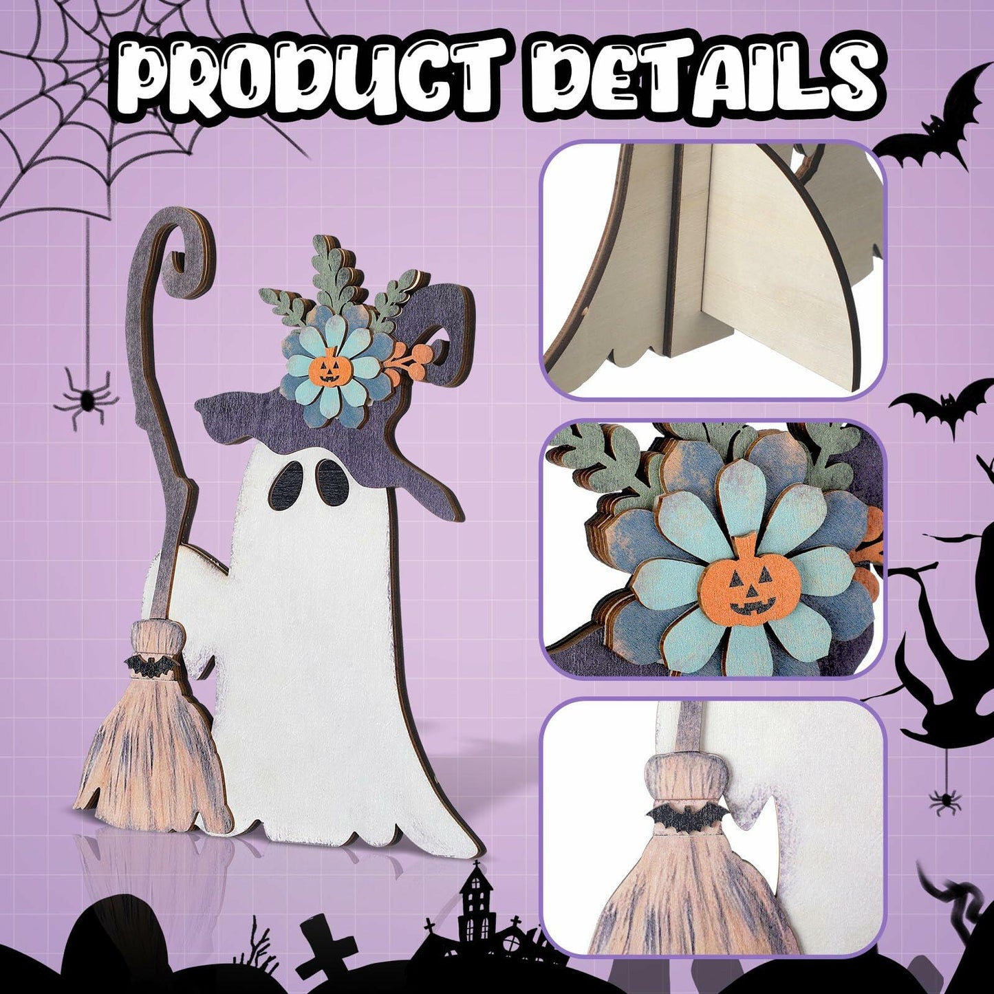 Yousoontic Wooden Halloween Ghost Witch Tabletop Decor 11x7.9in Black White