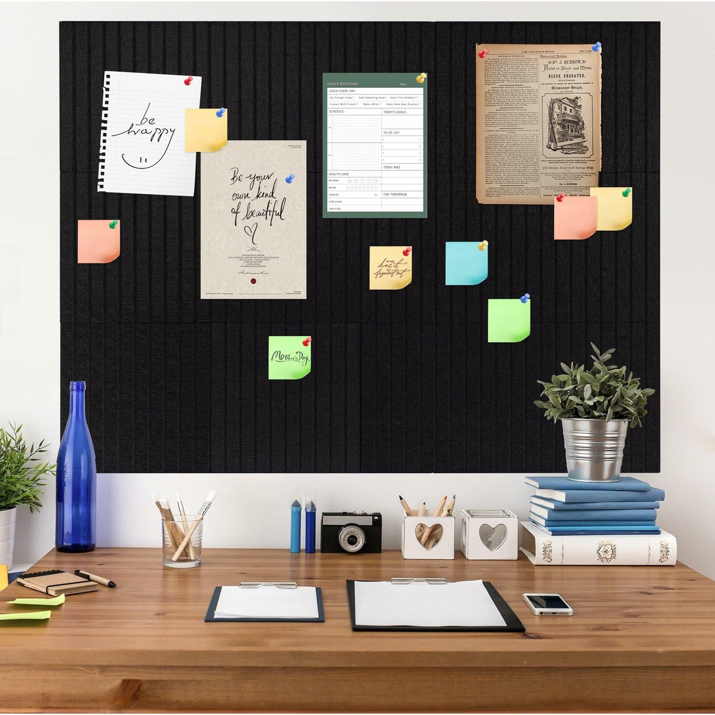 FUANGUI Felt Board 12 Pack Large Wall Tiles with Adhesive Tabs Stripe Black