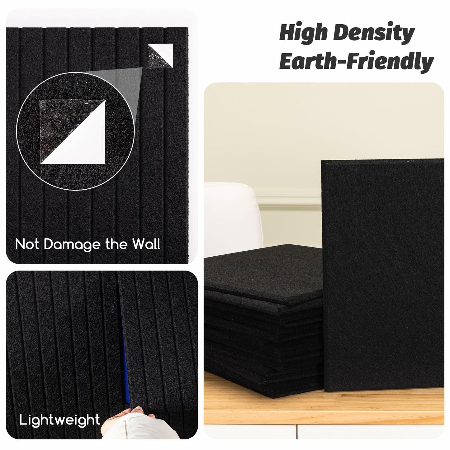 FUANGUI Felt Board 12 Pack Large Wall Tiles with Adhesive Tabs Stripe Black
