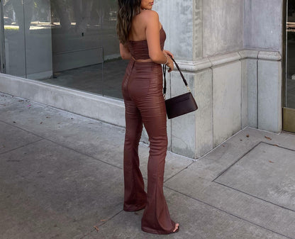 Kodaruber Women Faux Leather High Waisted Flare Pants Light Brown Size M