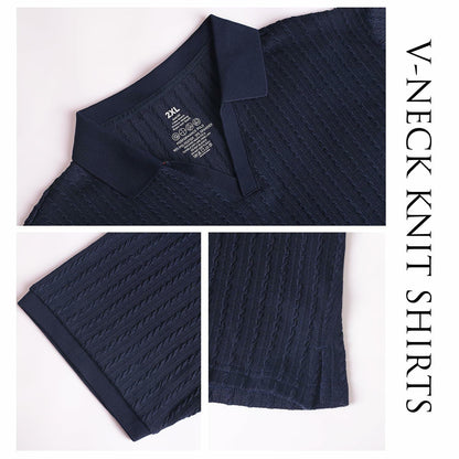 Knit Polo Shirt Men V Neck Buttonless Short Sleeve Navy Size M