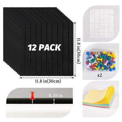 FUANGUI Felt Board 12 Pack Large Wall Tiles with Adhesive Tabs Stripe Black
