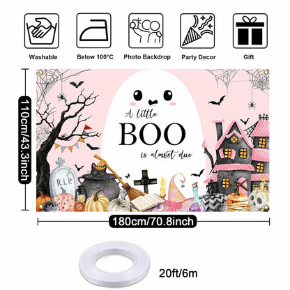 Mocsicka Little Boo Halloween Baby Shower Backdrop Banner Pink Black 70.8x43.3in