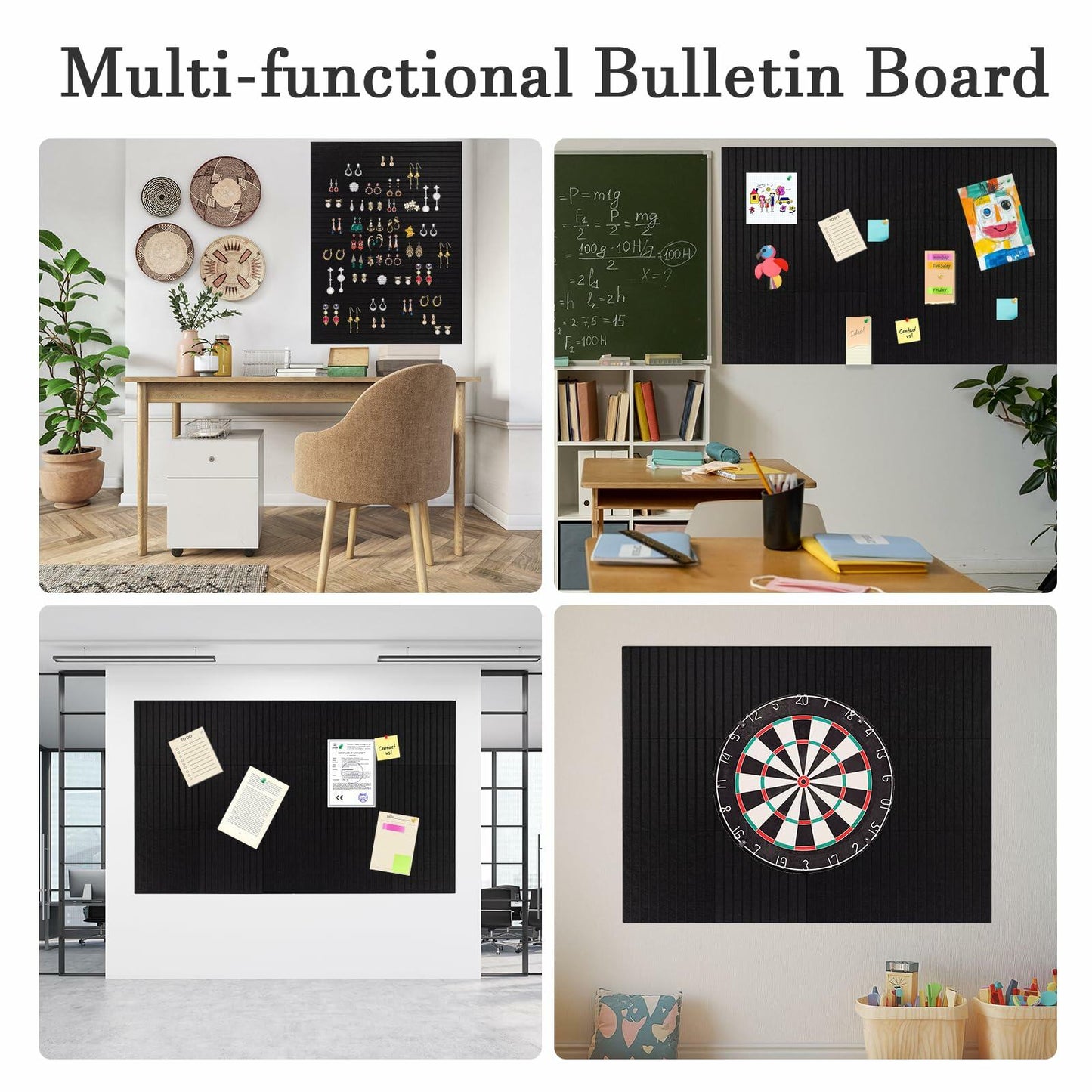 FUANGUI Felt Board 12 Pack Large Wall Tiles with Adhesive Tabs Stripe Black