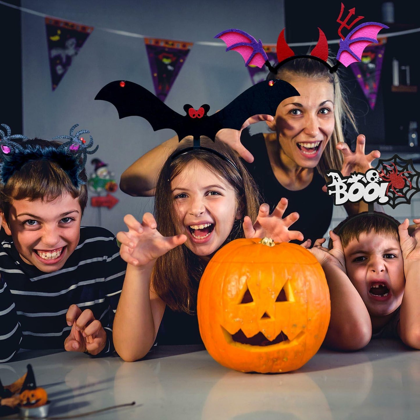 Qiexuxing Halloween Headband 2-Pack Bat & Devil Horns Black Felt