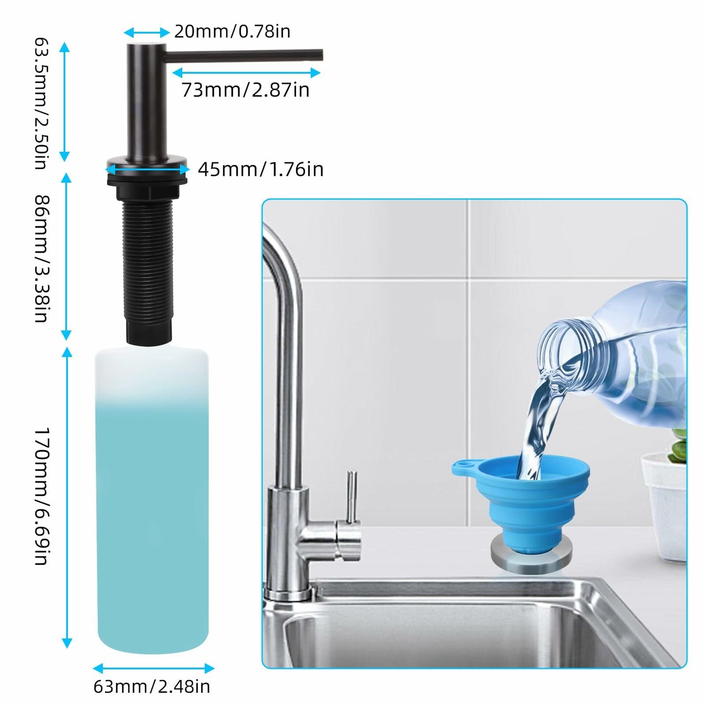 JOMSPOA Dish Soap Dispenser Kitchen Sink Pump Metal Head 17OZ Black + 2 Sponges