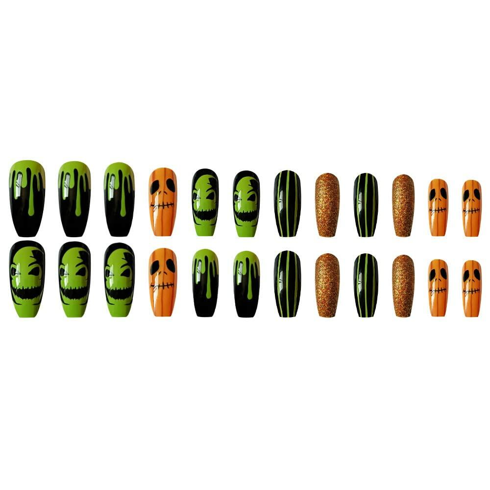Pink Halloween Press On Nails Almond Matte Pumpkin Bat Design 24pcs