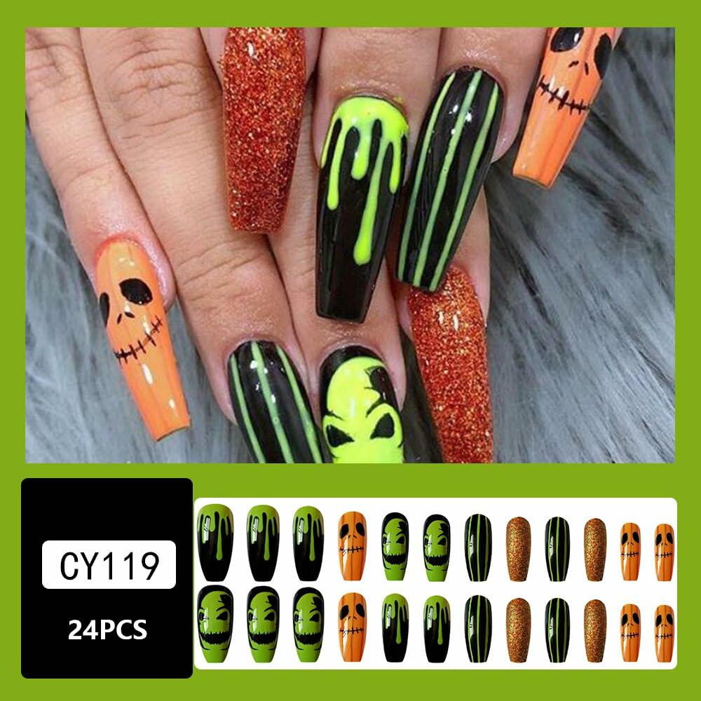 Pink Halloween Press On Nails Almond Matte Pumpkin Bat Design 24pcs