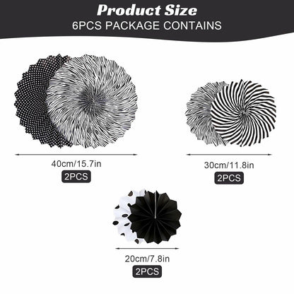 6PCS Black Hanging Paper Fans Party Decorations for Birthday, Wedding & Shower
