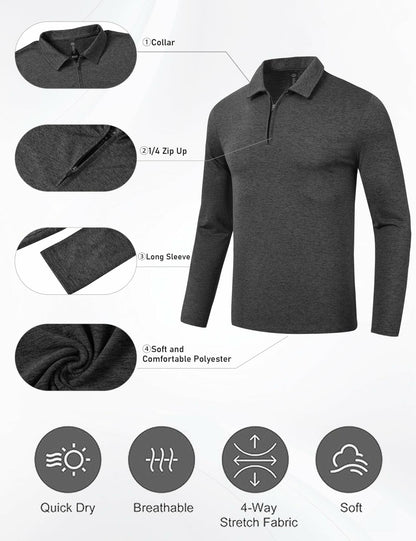 MoFiz Men’s Long Sleeve Polo Shirt Quarter-Zip Quick Dry Grey M