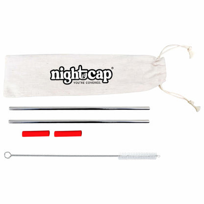 NightCap Straw Kit 2 Reusable Stainless Steel Straws w Brush Pouch Tips