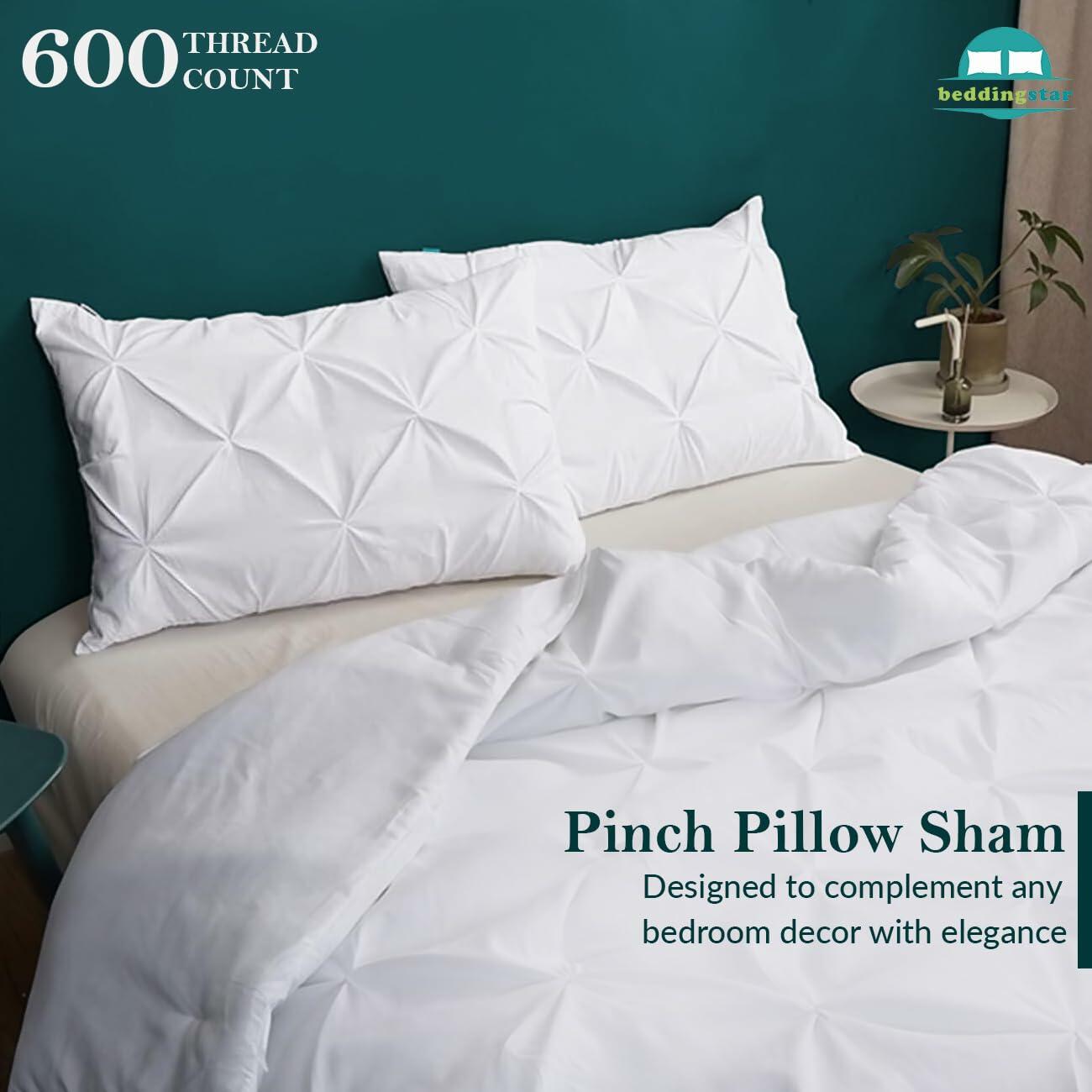 Queen Pillow Shams Set of 2 White Pinch Pleated 20x30 100% Egyptian Cotton