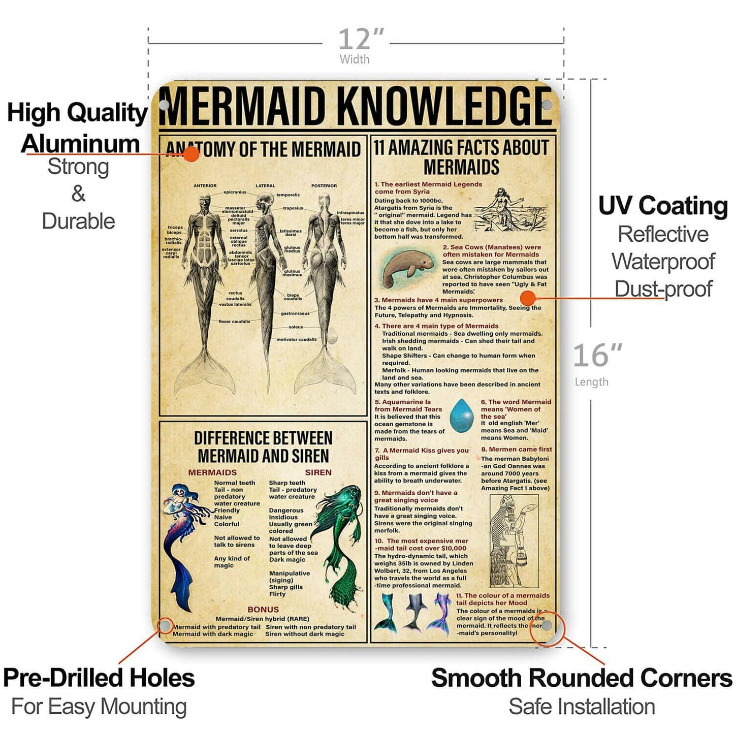 NEGLAI Mermaid Knowledge Metal Sign Poster Vintage Wall Art 16x12 Inches