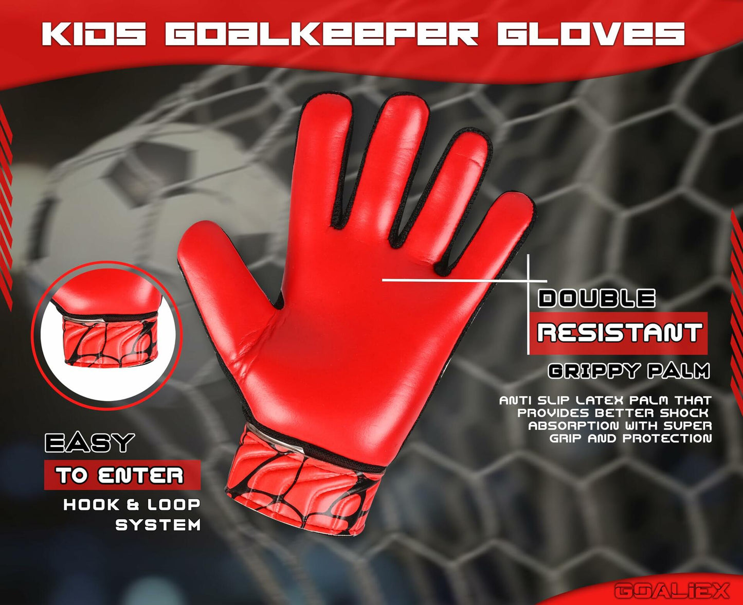 Soccer Goalie Gloves Youth Boys Double Wrist 4mm Super Grip Palm Size 3