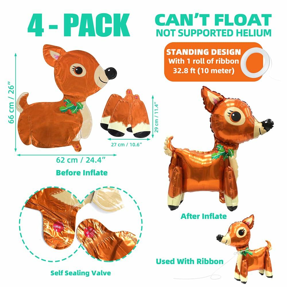 Deermon Christmas Reindeer Walking Animal Balloon Brown Large 4pcs