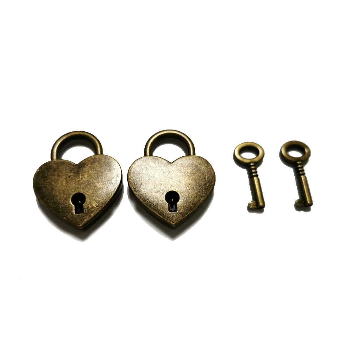 PeekaBear Mini Antique Brass Heart Padlock with Key 2-Pack Vintage Style