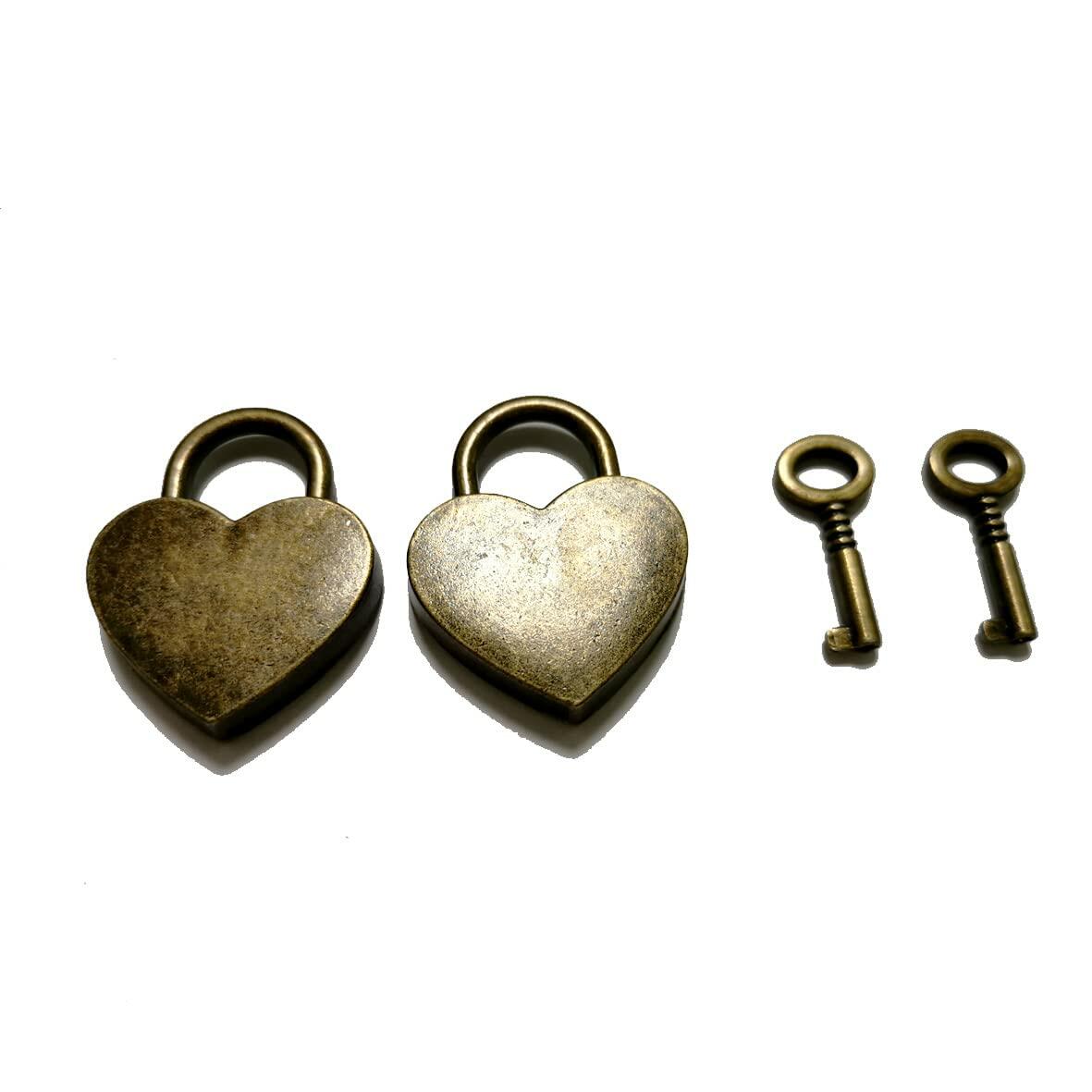 PeekaBear Mini Antique Brass Heart Padlock with Key 2-Pack Vintage Style