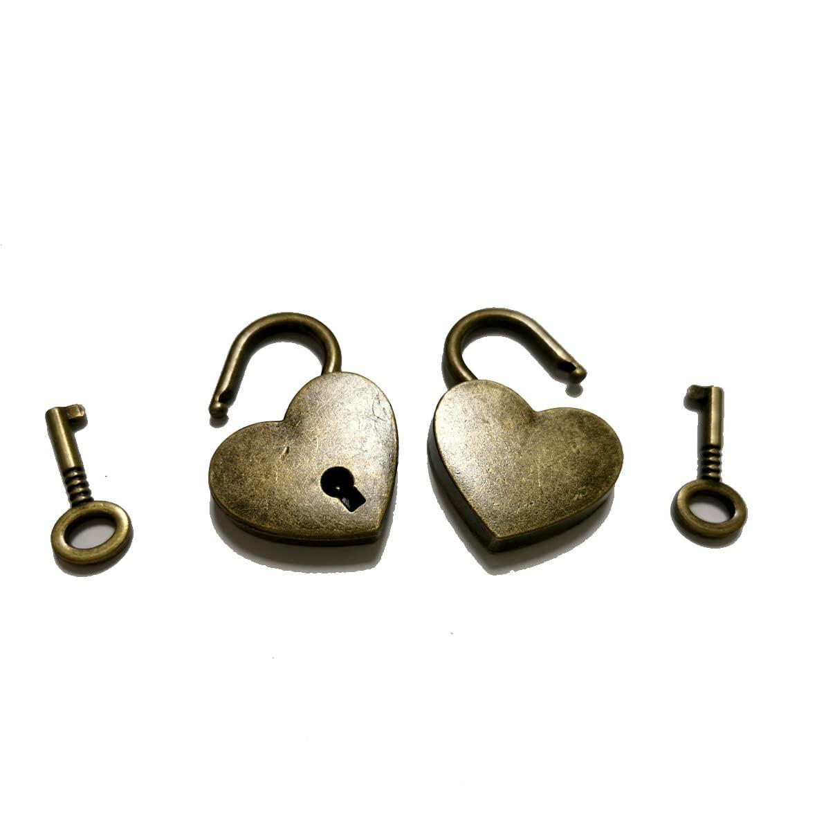 PeekaBear Mini Antique Brass Heart Padlock with Key 2-Pack Vintage Style