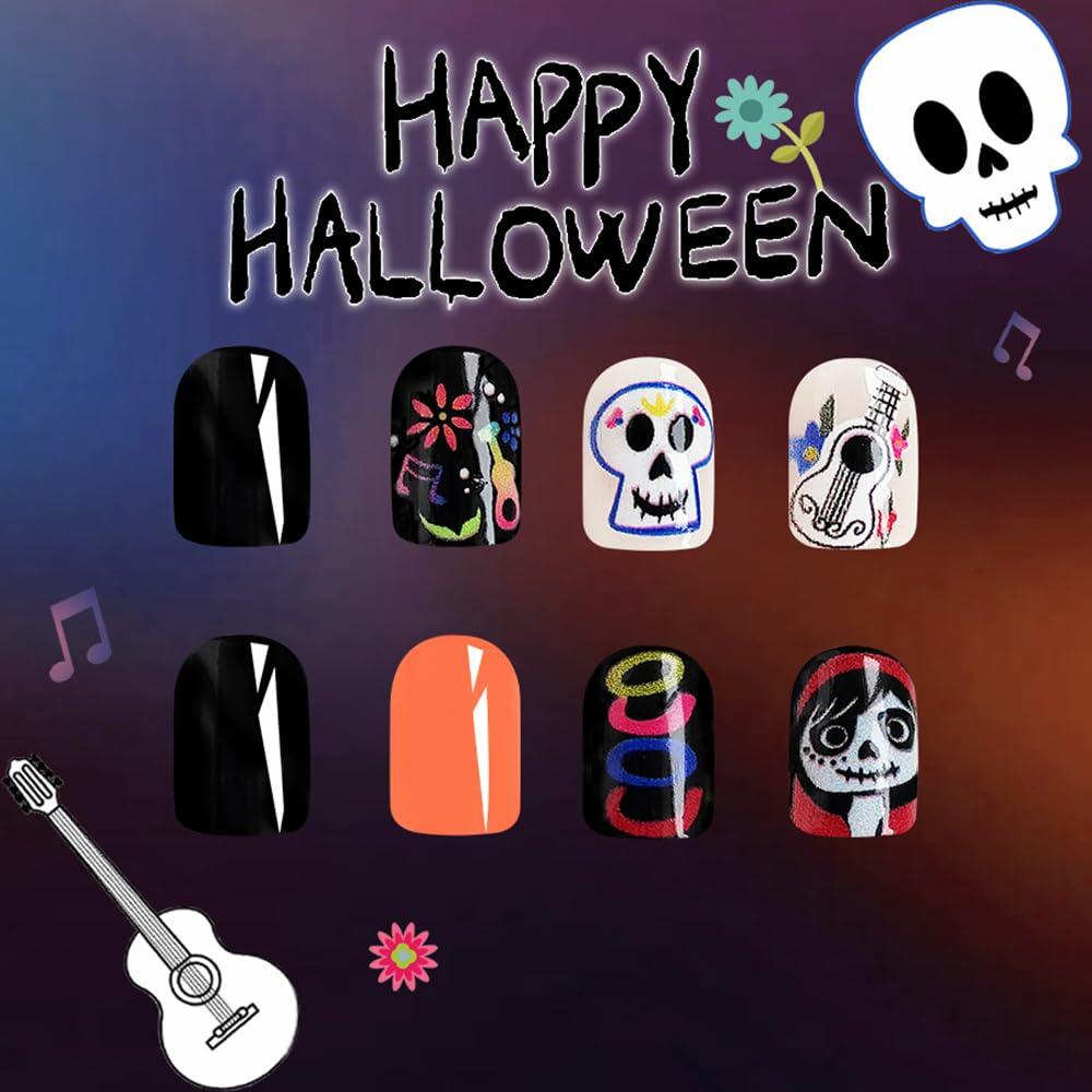 CEWEWP Halloween Press On Nails Short Square Acrylic Black Skull 24pcs
