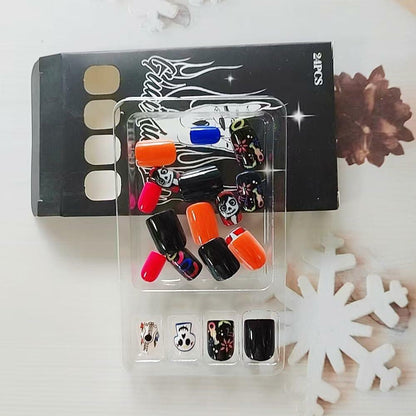 CEWEWP Halloween Press On Nails Short Square Acrylic Black Skull 24pcs