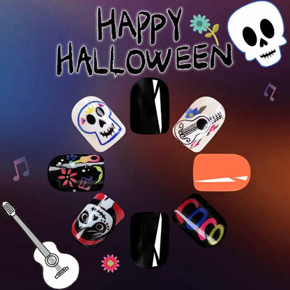 CEWEWP Halloween Press On Nails Short Square Acrylic Black Skull 24pcs