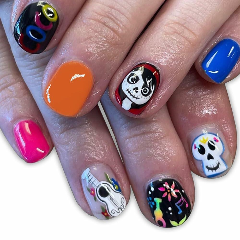 CEWEWP Halloween Press On Nails Short Square Acrylic Black Skull 24pcs