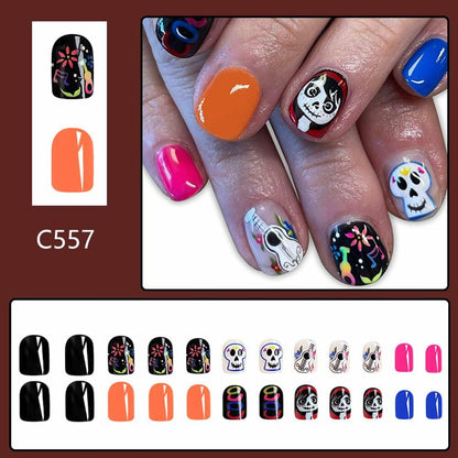CEWEWP Halloween Press On Nails Short Square Acrylic Black Skull 24pcs