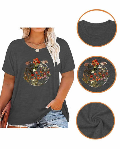 GeLivable Women Plus Size Floral Graphic O Neck Short Sleeve T Shirt