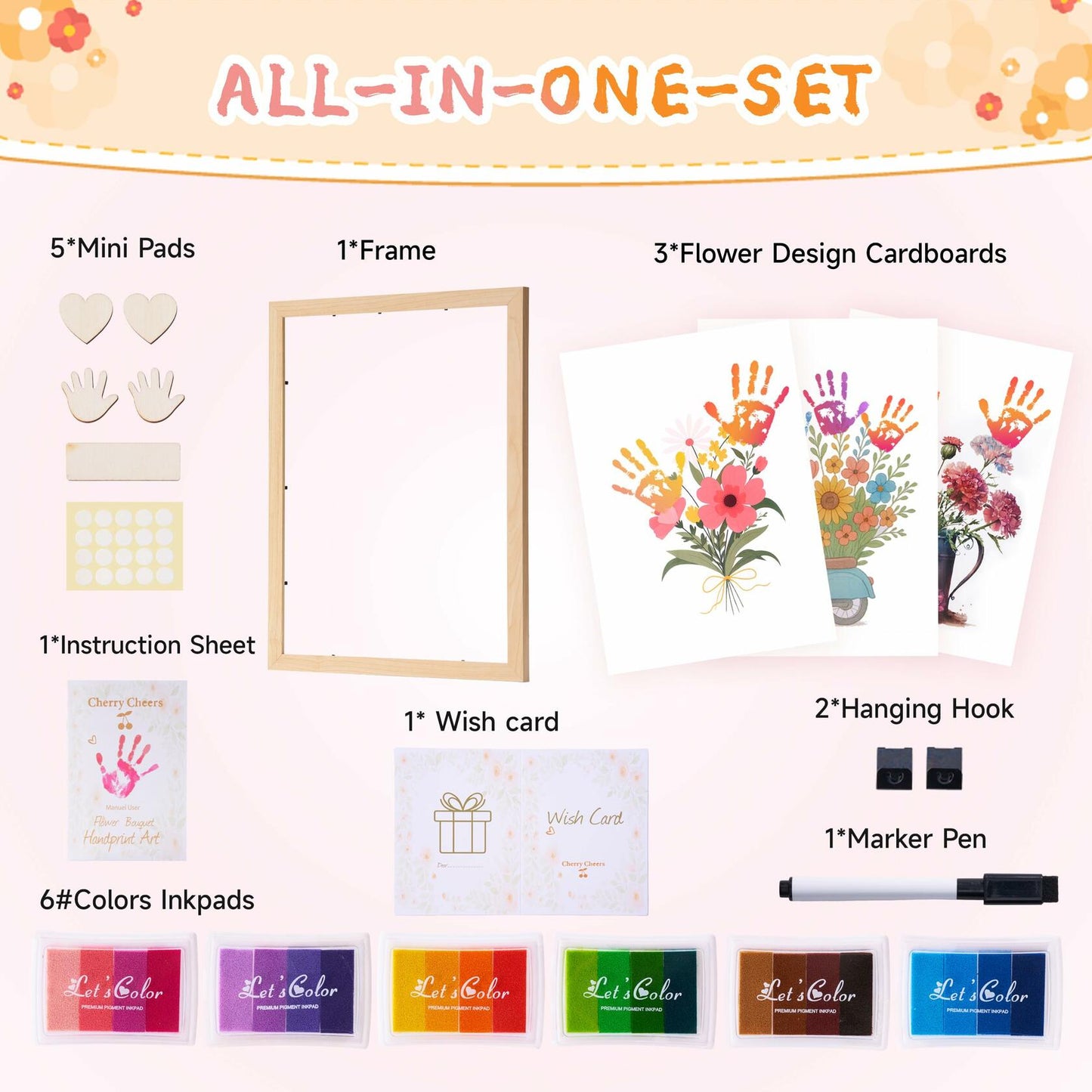 CHERRY CHEERS Flower Bouquet Handprint Art Kit 3 Sheets 6 Colors White Canvas