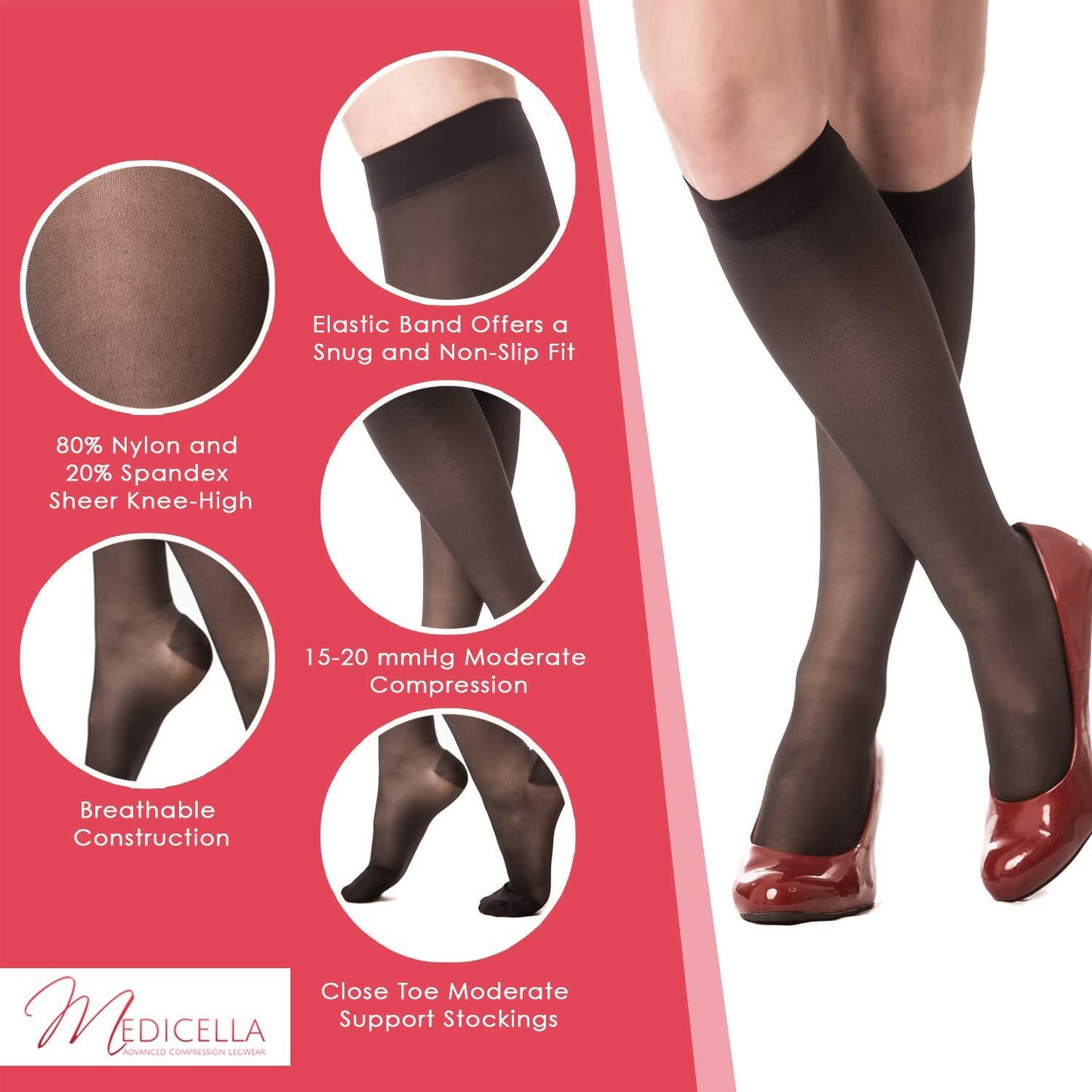 Medicella Sheer Knee High Compression Socks Open Toe 15-20 mmHg Black