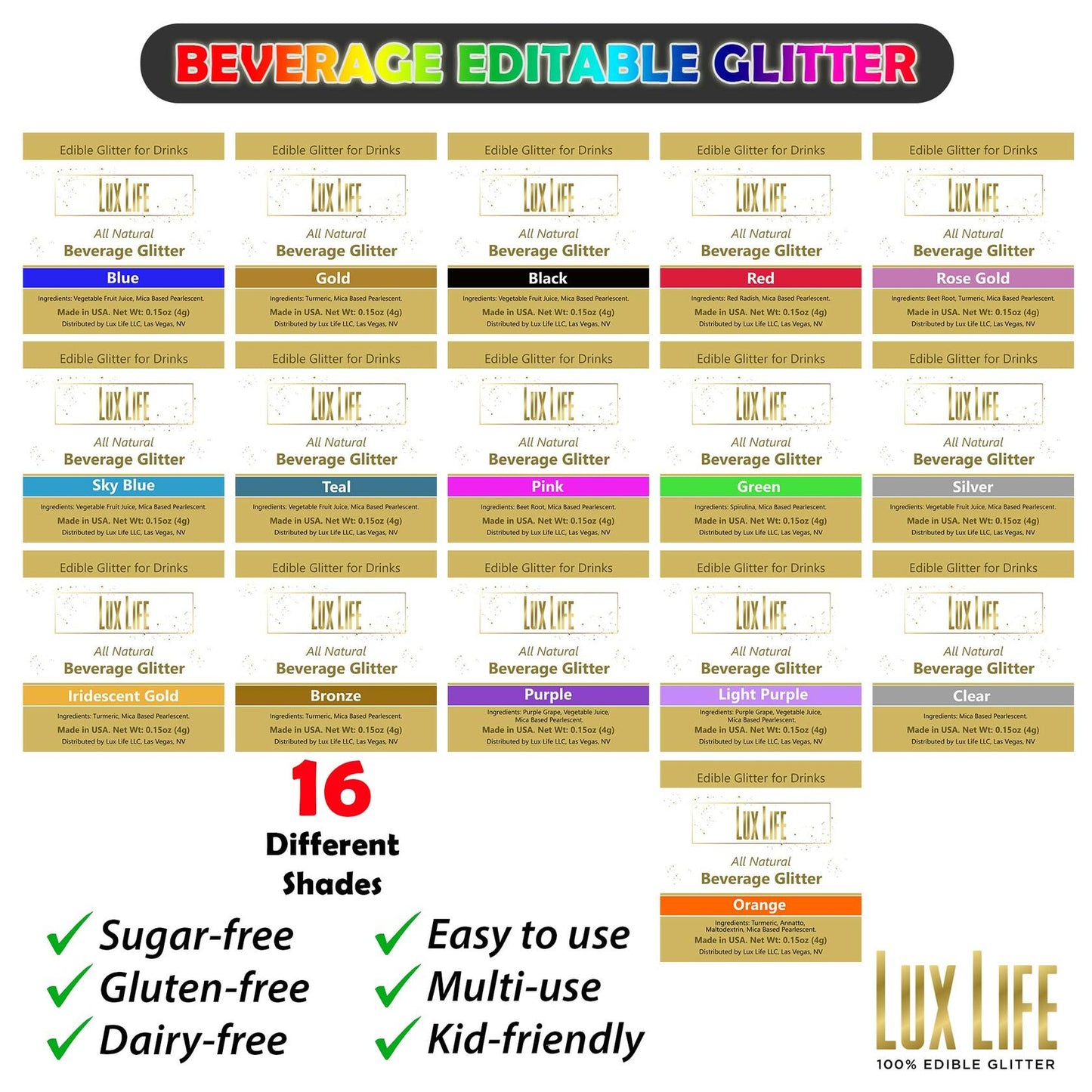 Lux Life Edible Drink Glitter Green Food Grade for Cocktails Wine 4g