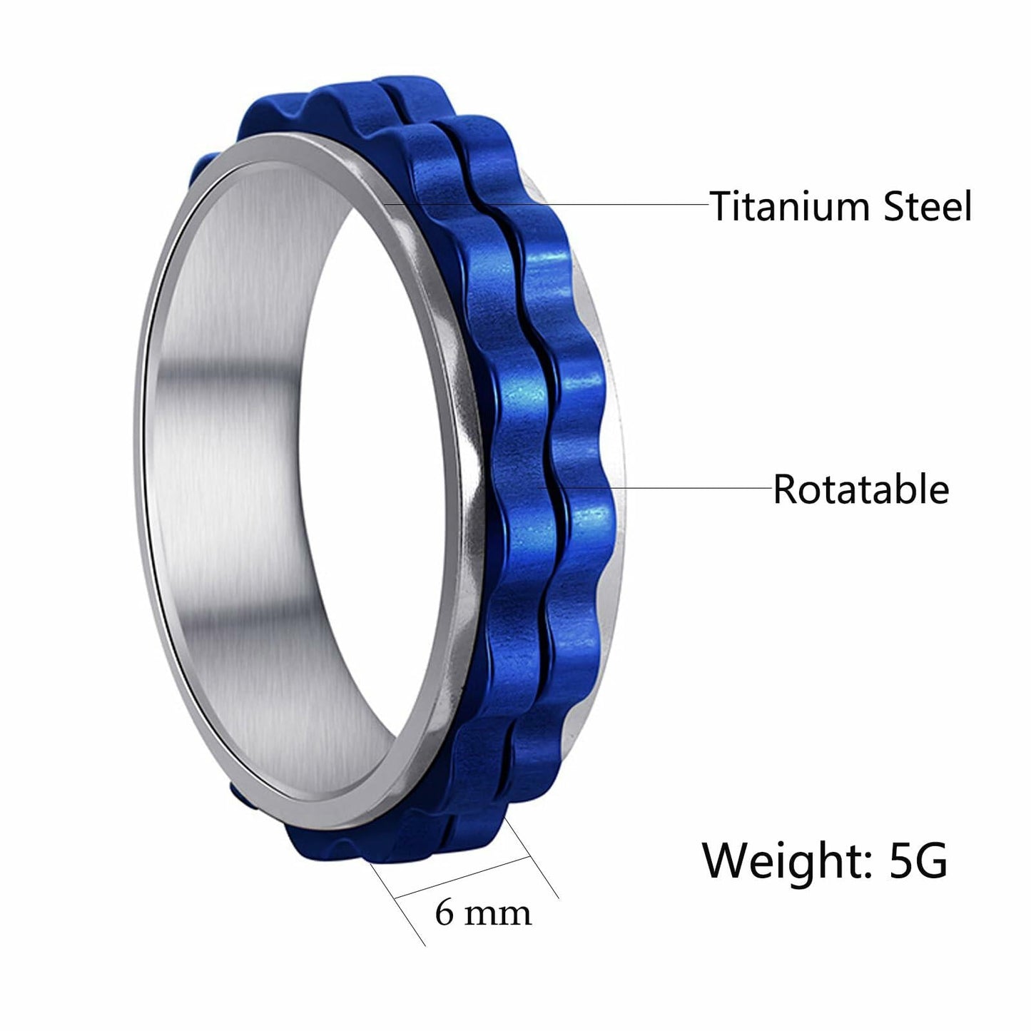 Udolfly Titanium Steel Womens Fidget Spinner Ring Silver Blue Size 12