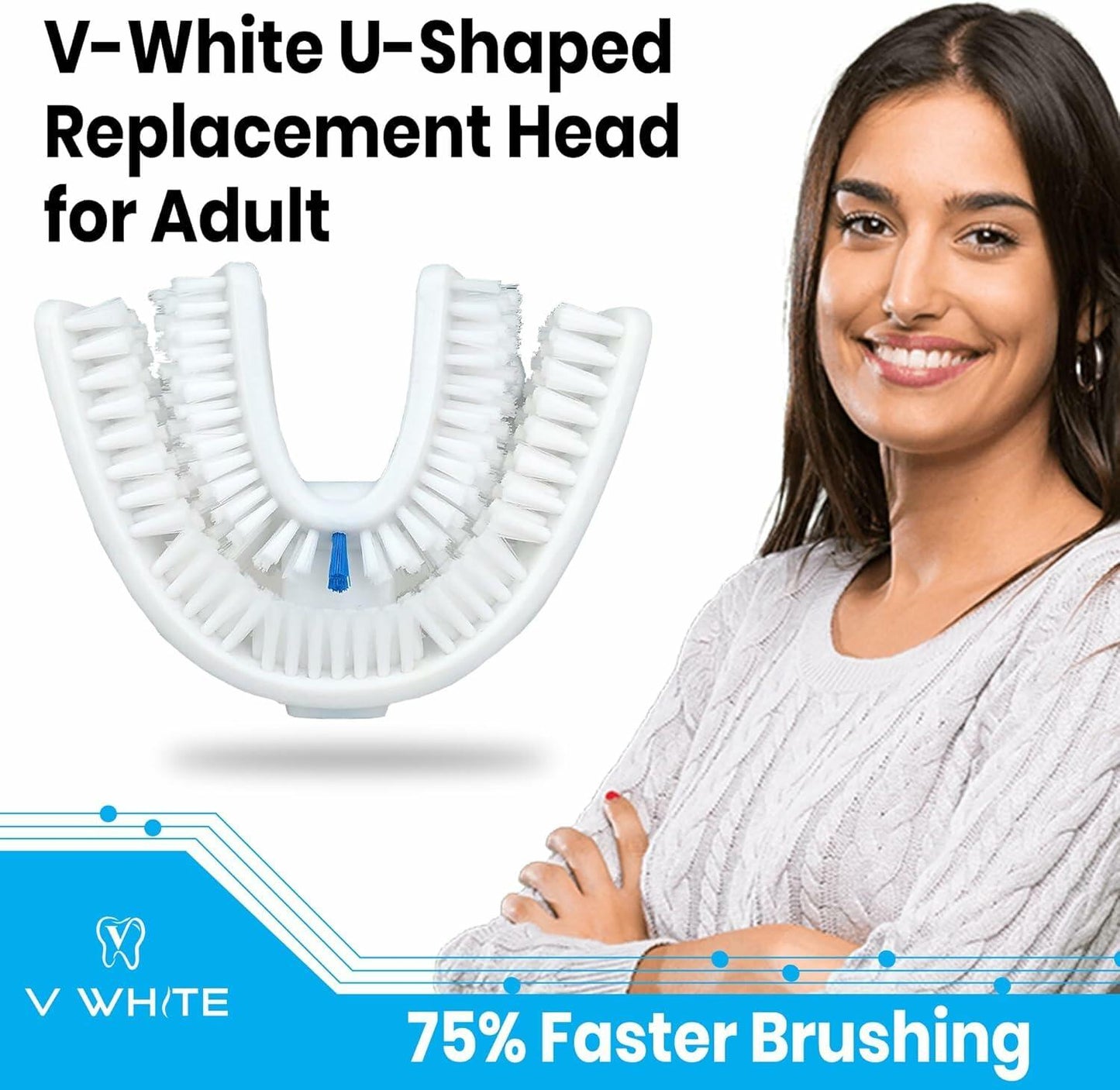 VWHITE U Shaped Replacement Head Ultrasonic Toothbrush White Adult Soft Silicone