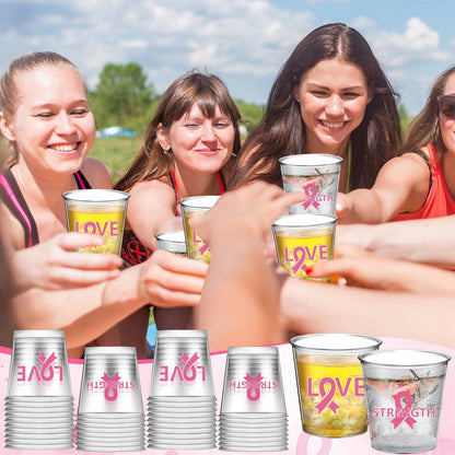 Nuogo Breast Cancer Pink Plastic Shot Glasses 2.87oz 100 Pcs Clear Pink